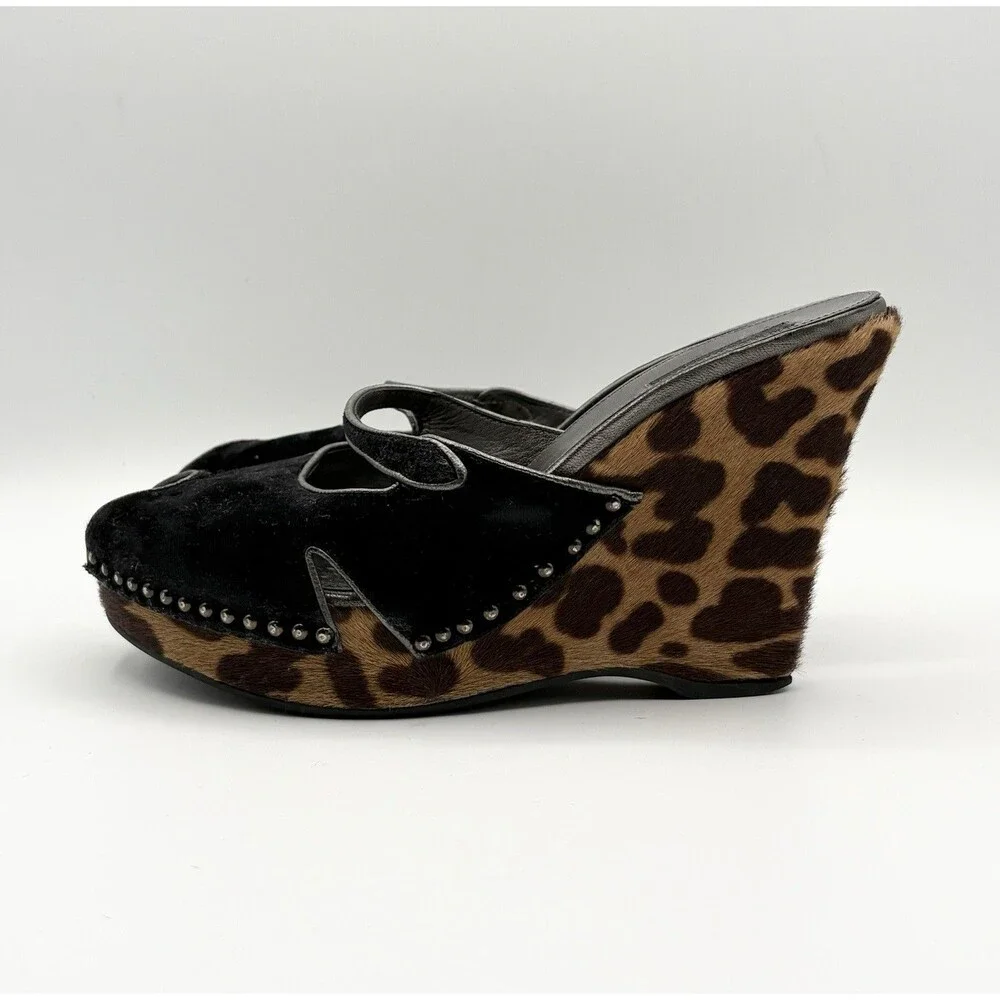 Prada Leopard Print Calf Hair Wedges Black Cut-Out & Stud Details Y2K Sz EU 36.5